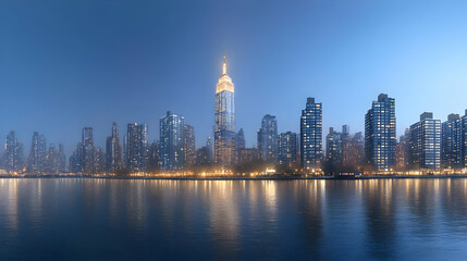 Obraz premium A panoramic view of a city skyline with skyscrapers and a river in the foreground.