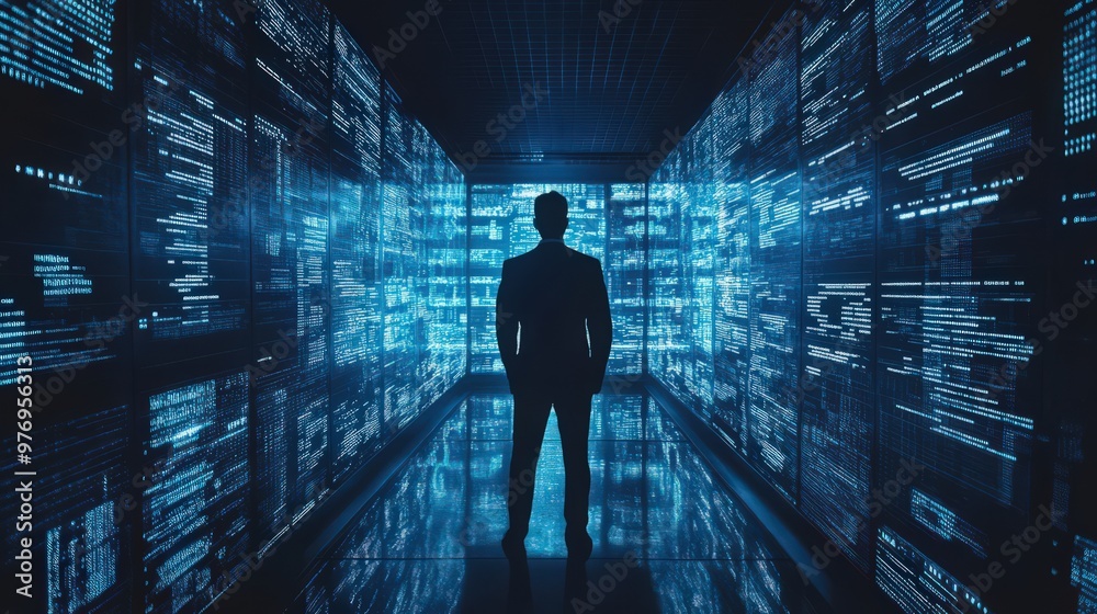 Poster ai-driven data science, combined with blockchain technology and data encryption, helps a businessman