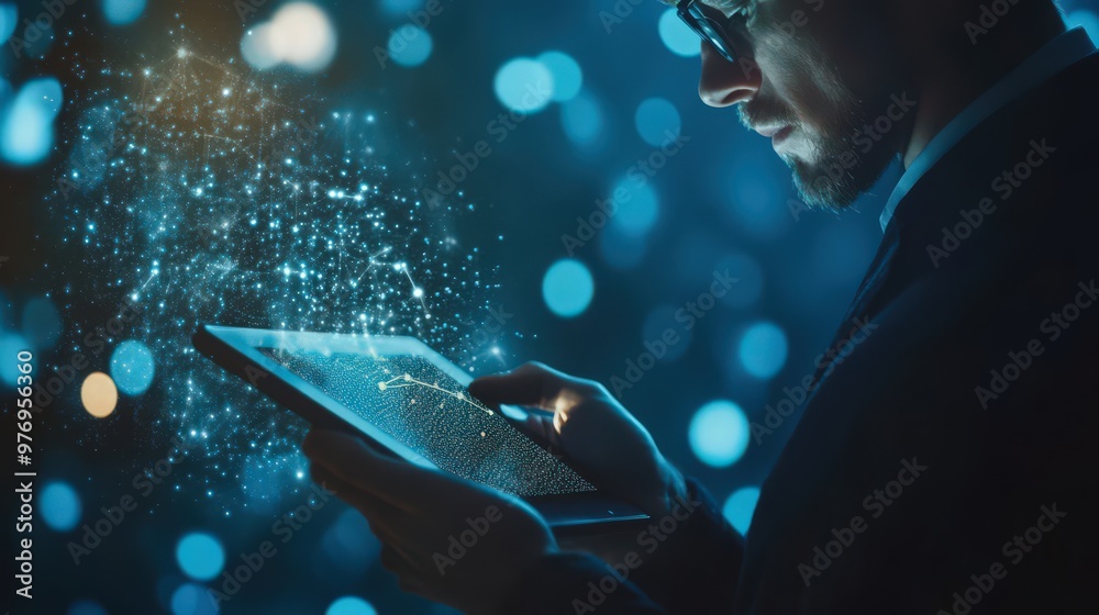 Poster ai and blockchain technology are used by a businessman on a digital tablet for data encryption,