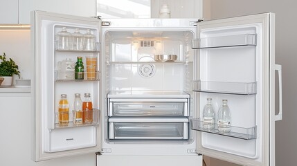 Fototapeta premium Open Refrigerator with Food and Drinks in Modern Kitchen