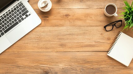 Wooden Desk Workspace with Laptop  Coffee Cup  and Notepad