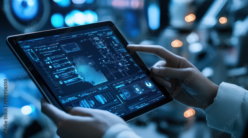 Poster ai and digital technology are utilized by software engineers on digital tablets for managing big dat