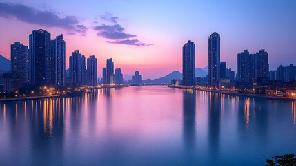 Obraz premium A panoramic view of a city skyline with skyscrapers reflecting in a calm river at sunrise.