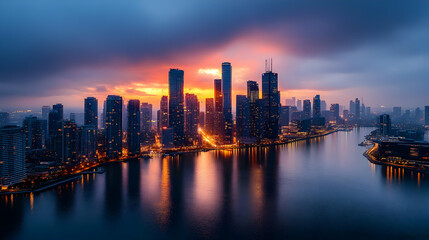 Fototapeta premium A panoramic view of a city skyline with skyscrapers reflecting in the water at sunset.