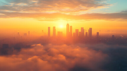 Fototapeta premium A panoramic view of a city skyline with skyscrapers silhouetted against a stunning orange sunset, with clouds obscuring the lower portion of the city.