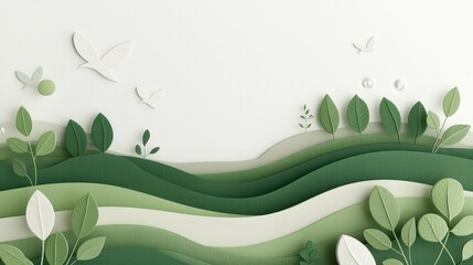 Abstract Green Nature Background with Paper Cutout Leaves and Birds