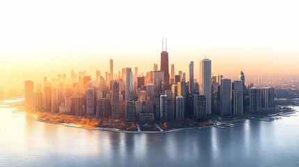 Obraz premium A panoramic view of a city skyline with tall buildings and a golden sunrise over the water.