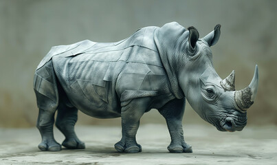 Fototapeta premium A detailed rhino sculpture stands against a simple background, demonstrating artistry and craftsmanship.