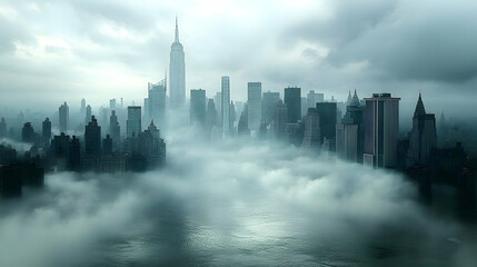 Obraz premium A panoramic view of a city skyline with tall buildings emerging from a sea of fog.