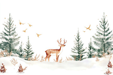 Illustrate a tranquil Christmas setting in nature through a watercolor design featuring wildlife