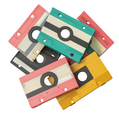 Vintage audio cassettes stacked in colorful arrangement, nostalgic media
