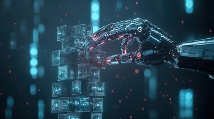 Naklejka premium Futuristic Robotic Hand Constructing Glowing Cube Tower, Sci-Fi Innovation Concept, Generative AI