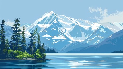 watercolor illustration, vintage postcard, Alaska Day, panoramic view of snow-capped mountain peaks, mountain lake, snowy firs and pines, kopi space, free space for text