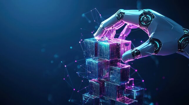 Futuristic Robotic Hand Constructing Glowing Patterned Cube Tower in Sci-Fi Setting, Generative AI