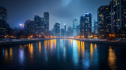 Fototapeta premium A panoramic view of a cityscape at night with a river reflecting the city lights.