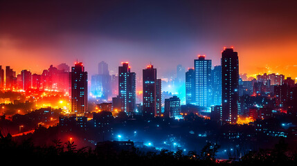 A panoramic view of a cityscape at night with tall buildings illuminated by vibrant lights against a hazy sky.