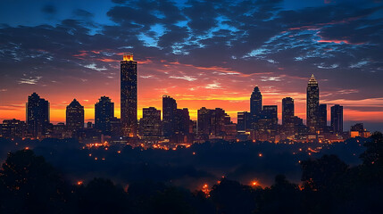 Obraz premium A panoramic view of a cityscape at sunrise with skyscrapers silhouetted against a vibrant sky.