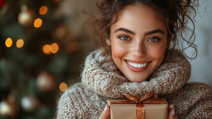 Smiling Woman with Christmas Gift: A joyful woman beams with happiness, holding a beautifully wrapped gift in front of a warm and festive Christmas tree background.  Her sparkling blue eyes.