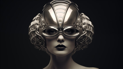 Retrofuturistisches Portrait einer Frau mit silbernem Helm, vor schwarzem Hintergrund, frontal, Illustration