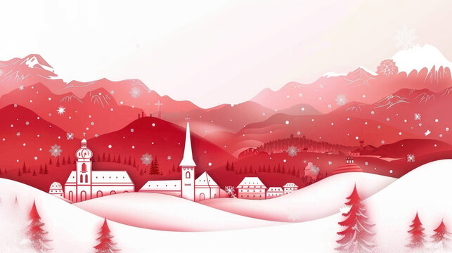 watercolor illustration, vintage postcard, Austria National Day, panoramic view of the Austrian mountain town, winter landscape, copy space, free space for text