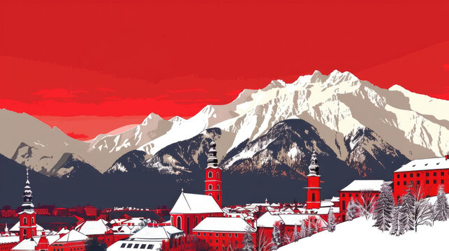 watercolor illustration, vintage postcard, Austria National Day, panoramic view of the Austrian mountain town, winter landscape, snowy peaks, kopi space, free space for text