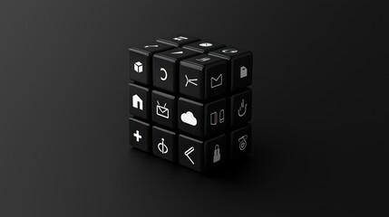 Modern Minimalist Matte Black Cube Grid with White Design Icons, Generative AI