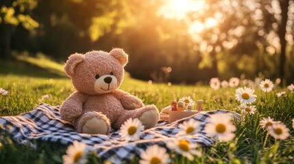 A cute teddy bear sits on a checkered blanket in the green grass, surrounded by daisies and sunbeams.