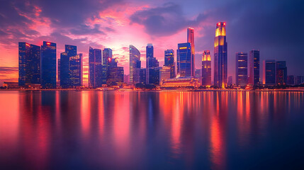 Fototapeta premium A panoramic view of a cityscape with skyscrapers reflecting in the water at sunset.