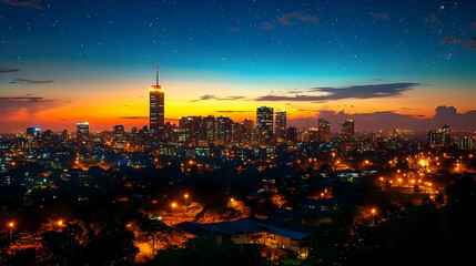 Naklejka premium A panoramic view of a modern city skyline at dusk, illuminated by streetlights and the setting sun, with a clear night sky and stars visible in the background.
