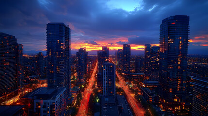 Fototapeta premium A panoramic view of a modern city skyline at dusk, with skyscrapers illuminated against a vibrant, colorful sky.