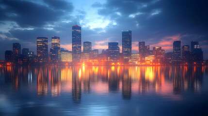 Fototapeta premium A panoramic view of a modern city skyline at dusk, with skyscrapers illuminated by street lights and reflected in the calm water of a lake or river.