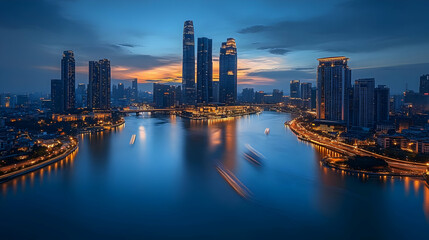 Obraz premium A panoramic view of a modern city skyline at dusk, with tall skyscrapers reflected in the calm waters of a river.