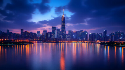 Fototapeta premium A panoramic view of a modern city skyline at dusk, with skyscrapers illuminated by the setting sun, reflected in the calm waters of a river.