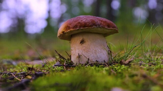 Closeup of boletus edulis with a thick stem and a fly crowling on it. Wild porcini mushroom growing on a green forest moss. Peaceful tranquil lifestyle concept. Finland, Kymenlaakso, Hamina. 4K video