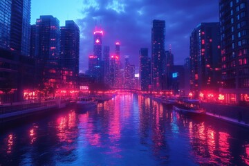 Fototapeta premium Neon-lit urban riverside view with glowing city skyline at night
