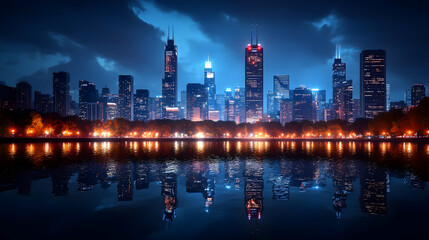 Fototapeta premium A panoramic view of a modern city skyline at night, with skyscrapers and lights reflecting in a calm body of water.