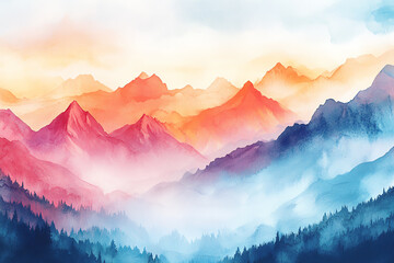Craft a dreamy watercolor scene of a mountain landscape from a unique perspective, using soft brushstrokes in bright pastel tones for a whimsical and artistic touch