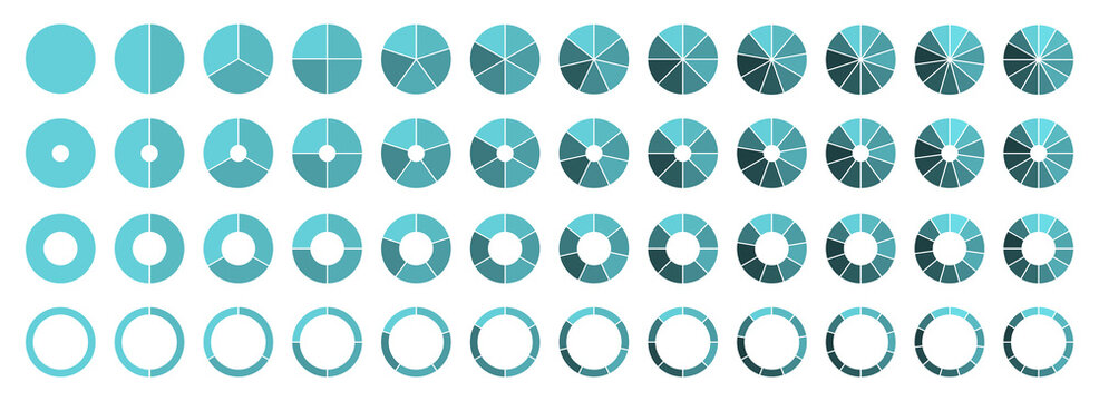 Circle pie chart diagram. 2,3,4,5,6,7,8,9,10,11,12 sections or steps. Flat process cycle. Progress sectors.
