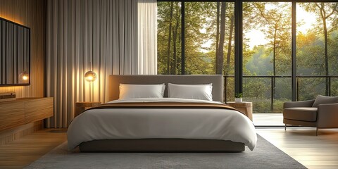 luxury light grey hotel room with brown modern set of bed and beautiful view balcony 