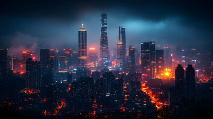 Fototapeta premium A panoramic view of a modern city skyline at night, with tall skyscrapers illuminated by bright lights. The city is shrouded in a thick layer of fog, creating a mysterious and ethereal atmosphere.