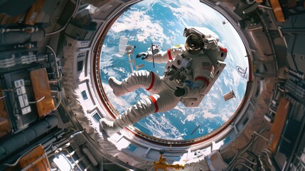 An astronaut playing with floating tools and objects inside a spacecraft, illustrating the challenges and fun of living in zero gravity.