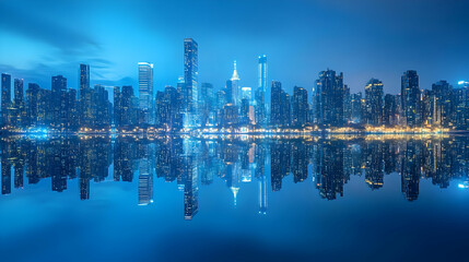 Fototapeta premium A panoramic view of a modern city skyline at night, with the city's lights reflected in the water.