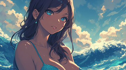 Girl with Blue Eyes on a Beach - Cartoon and Anime Style