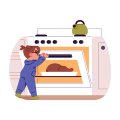 Cute little girl opens hot oven alone. Child plays with gas stove during cooking. Careless kid is at risk of burns. Baby dangers in kitchen. Flat isolated vector illustration on white background