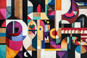 Design a balanced composition with stylized symbols echoing travel elements in geometric shapes, creating a sense of movement and exploration