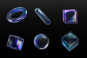 A set of 3D glass figures with holographic effects.