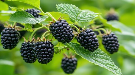 Ripe Blackberries on Bush with Green Leaves