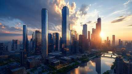 Fototapeta premium A panoramic view of a modern city skyline at sunset with tall skyscrapers, a river, and a golden glow in the sky.