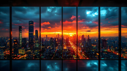 A panoramic view of a modern city skyline at sunset, seen through a large window.