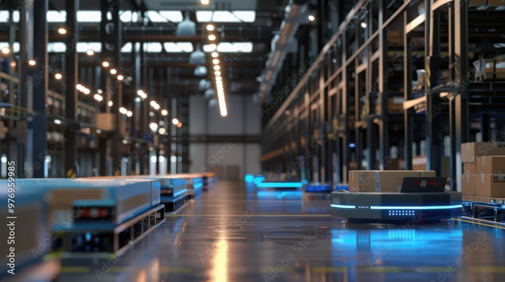 Poster an image of a warehouse with advanced robotic systems handling and sorting products, showcasing the 